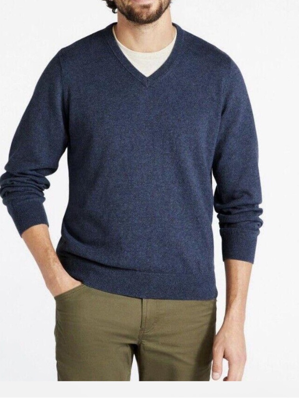 LL Bean Blue V-Neck Cotton Cashmere Pullover Sweater Mens Size L Tall
